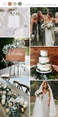 a collage of different wedding photos with flowers and greenery on the table, including cake