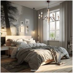 a bedroom with a bed, chandelier and pictures on the wall