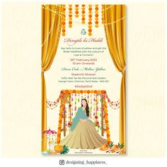 Indian pre-wedding ritual - Haldi ceremony invitation from bride's with illustration on a swing and other elements Haldi Ceremony Invitation Card Wording, Haldi Ceremony Illustration, Bangle Ceremony Invitation Card, Haldi Ceremony Card, Haldi Wedding Invitation, Wedding Elements Illustration, Haldi Ceremony Invitation Card, Haldi Ceremony Invitation, Haldi Invitation