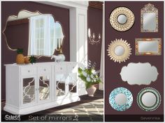 a set of mirrors that are next to a dresser and mirror in a room with purple walls