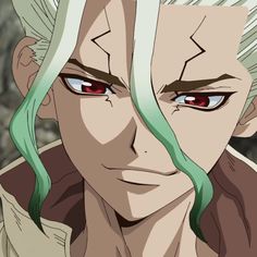 a man with green hair and red eyes looks at the camera while wearing an anime outfit