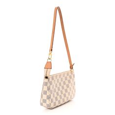 This is an authentic LOUIS VUITTON Damier Azur Pochette Accessories NM. This pochette is crafted of Louis Vuitton's signature Damier canvas in blue and white. The bag features a vachetta leather strap and a brass top zipper that opens to a beige fabric interior with a patch pocket. Pochette Accessories, Louis Vuitton Empreinte, Louis Vuitton Damier Azur, Lv Monogram, Beige Fabric, Louis Vuitton Shoulder Bag, Weekender Tote, Authentic Louis Vuitton, Louis Vuitton Damier