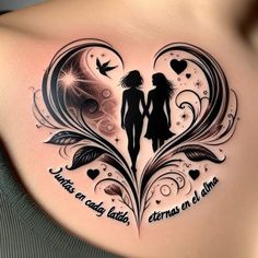 the back of a woman's shoulder with an image of two people holding hands