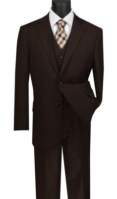 Vinci Men Suit V2RS-7-Brown - Church Suits For Less Fall Business Attire, Business Attire For Men, Mens 3 Piece Suits, Fall Business, Button Vest, Big And Tall Suits, Church Suits, Men Suit, Pinstripe Pants