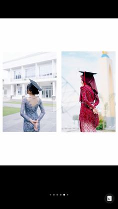 two pictures of women in dresses and hats