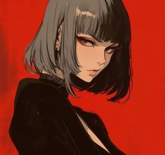 an anime character with grey hair and black clothes, standing in front of a red background