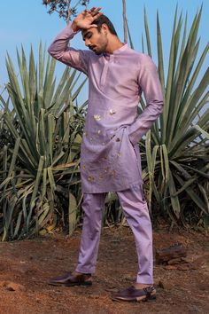 Buy Purple Kurta Chanderi Silk Hand Embroidered Lotus Kingdom Set For Men by Runit Gupta Online at Aza Fashions. Boys Kurta Design, Purple Lotus, Wedding Dresses Men Indian, Pleated Collar, Silk Pant, Boys Kurta, Wedding Dress Men, Kurta Designs, Pocket Pants