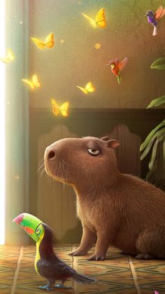 a capybara looking at a bird on the ground with butterflies in the background