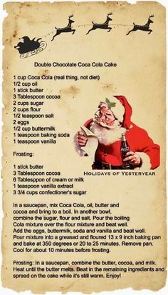 an old fashioned christmas recipe with santa clause on it's back and instructions for how to make chocolate coca - cola cake