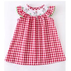 Brand New In Package 100% Cotton Gingham Cotton Smocked Dress With Short Sleeves, Red Cotton Smocked Dress, Red Cotton Smocked Dress With Smocked Bodice, Red Cotton Dress With Smocked Bodice, Red Cotton Dress With Smocked Back, White Playful Cotton Smocked Dress, Red Smocked Short Sleeve Dress, Red Cotton Smocked Casual Dress, Casual Red Cotton Smocked Dress