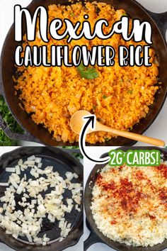 mexican cauliflower rice recipe in skillet with ingredients to make it easy and delicious