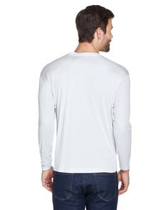 Adult Cool & Dry Sport Long-Sleeve Performance Interlock T-Shirt - WHITE - S | UltraClub Athletic Adult Cool & Dry Sport Long-Sleeve Performance Interlock T-Shirt in White Size Small | Polyester Athletic Apparel, Athletic Fits, Shirt White, White Undershirt, Classic Design, Long Sleeve Tshirt Men, Work Wear, Mens Tshirts, Mens Tops