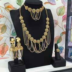 Plated Metal Jewelry Sets For Party, Gold Alloy Jewelry Sets For Party, Gold Alloy Party Jewelry Sets, Gold-plated Jewelry Sets For Party, Gold-plated Metal Jewelry Sets, Plated Alloy Costume Jewelry Sets, Plated Metal Costume Jewelry Sets, Elegant Gold Jewelry Set With Adjustable Chain, Gold Alloy Dangle Necklaces