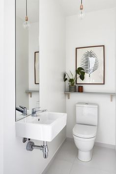 a bathroom with a white toilet and sink next to a large mirror on the wall