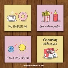 four greeting cards with cute cartoon characters on wooden background, one has a donut and the other has a cup of coffee