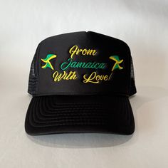 Embroidered foam trucker hat. From Jamaica With Love If you have any questions or concerns about this listing, please do not hesitate to message us. We are happy to help and would love to hear from you! FRONT: 100% Polyester, MESH BACK: 100% Nylon Light-Weight, High-Quality Fabric & Stitching MATERIAL: Polyester Foam Front PROFILE: 5 Panels, High Profile CONSTRUCTION: Curved Visor, Structured Crown Jamaica, Trucker Cap, Trucker Hat, Quality Fabric, Caps Hats, Accessories Hats, Flag, Hats, Trending Outfits