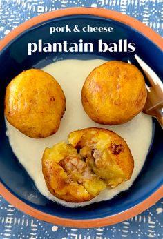 three baked potatoes in a bowl with yogurt on the side and text overlay that reads pork & cheese plantain balls