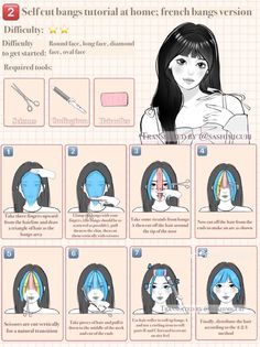 (cr 美辣斯儿er ​​​on weibo) self cut bangs tutorial at home; french bangs. translated by me. do not reupload 𓇢𓆸 Bangs Douyin Tutorial, French Bangs Face Framing, French Bangs Hairstyle, Short French Bangs, Short Hair With French Bangs, Easy At Home Haircut, How To Cut Bangs For Round Faces