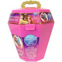 a pink plastic jewelry box with princesses on it