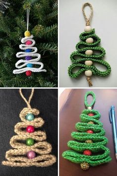 crochet christmas tree ornament ornaments are shown in four different colors and sizes