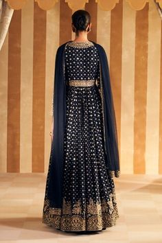 Navy blue full sleeves Aliya cut anarkali with Gulshan embroidery all over using gota, cutdana sequin and pearl highlights. Paired with an embroidered border dupatta. - Aza Fashions Blue Long Sleeve Anarkali Set With Cutdana, Long Sleeve Anarkali Set For Reception And Festivals, Diwali Reception Anarkali Set With Long Sleeves, Long Sleeve Cutdana Choli For Eid, Transitional Long Sleeve Blue Anarkali Set, Long Sleeve Churidar With Cutdana For Reception, Long Sleeve Churidar For Reception And Navratri, Blue Long Sleeve Choli With Dupatta, Anarkali Churidar With Long Sleeves For Reception