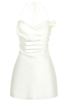 Otillie Rose Halter Mini Dress - White - MESHKI U.S Satin Mini Dress With Ruched Bodice For Wedding, Sleeveless Wedding Dress With Rose Detail, Fitted Wedding Dress With Rose Detail, Chic Mini Dress With Ruched Bodice For Wedding, Chic Wedding Mini Dress With Ruched Bodice, Elegant White Dresses With Rose Detail, Mini Dress With Ruched Bodice For Wedding, Feminine Mini Dress For Wedding, Fitted White Dress With Rose Detail