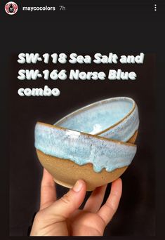 a hand holding a blue and brown bowl with the words swf - 11 sea salt and svr - 16 nurse blue combo on it