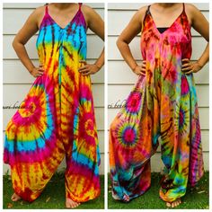 "💥One Size Fits Most Comfortable Tie Dye Hippie Jumpsuits Rompers Pants, Hippie Dress, Wide Legs Jumpsuits, Festival Clothings, Summer Clothing, Harem Dress, Beach Wear 👉One-of-a-kind hand dyed rompers 👉Fabric: 100% Soft and Breathable Rayon 👉Adjustable Tie shoulders 👉Boho/Hippie /Festival/Beach/Tropical/Fancy/UniqueTheme 👉Jumpsuit Length: 48\" 👉Straps Length: 19\" 👉Bust up to 55\" 👉Hip up to 60\" 👉 Tie Dye Method 👉The back is identical to front pattern 👉Flowy open legs 👉One Size Fi Cotton Jumpsuits And Rompers For Summer Festivals, Bohemian Cotton Jumpsuits And Rompers For Vacation, Bohemian Cotton Jumpsuit For Vacation, Bohemian Cotton Jumpsuits And Rompers For Summer, Bohemian Maxi Jumpsuits And Rompers For Spring, Flowy Bohemian Jumpsuits And Rompers For Summer, Spring Bohemian Maxi Jumpsuits And Rompers, Spring Bohemian Maxi Length Jumpsuits And Rompers, Multicolor Maxi Jumpsuits And Rompers For Summer