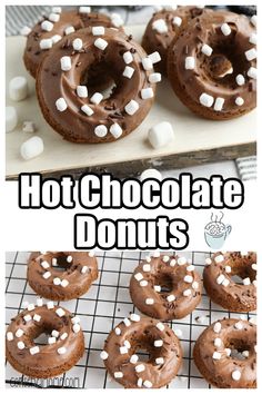 chocolate donuts with white sprinkles are on a cooling rack next to the words hot chocolate donuts