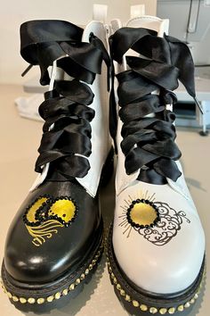 Custom hand painted and rhinestoned, Upcycled mid-calf boot. White, black and gold. Satin ribbon laces. Zip up side. Size EU36. Like new Shoe Customization, Dr Martin Boots, Ribbon Laces, Shoe Inspo, Gold Satin, Custom Hand Painted, White Boots, Martin Boots, Painted Shoes