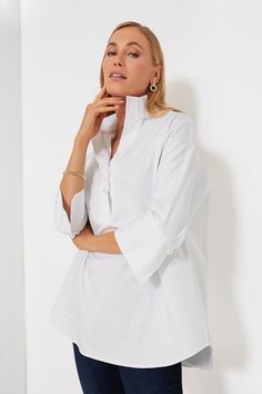 Blanc Willow Blouse | Tuckernuck Oversized Shirts, Cotton Poplin Fabric, Cotton Blouses, High Low Hem, Poplin Fabric, Cotton Poplin, White Tops, Stand Collar, Three Quarter