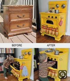 two pictures of a child playing with an old fashioned stove and oven in the same room