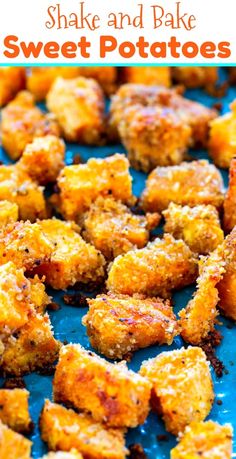 sweet potato bites on a blue plate with the words, shake and bake sweet potatoes