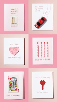 valentine's day cards are arranged on a pink background