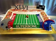 a football field cake is decorated with sprinkles and confetti for the super bowl