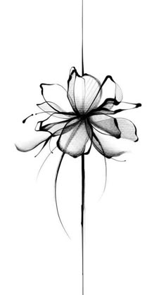 a black and white drawing of a flower on a pole with long stems in the center