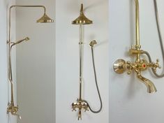 three different types of shower faucets in various styles and colors, including brass