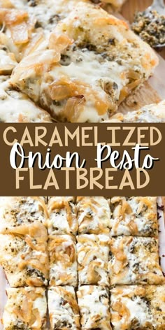 caramelized onion pesto flatbread on a cutting board with the title overlay