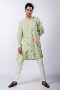 Light green silk mulmul kurta with floral, thread and sequins hand embroidery. Comes with ivory cotton pant pyjama - Aza Fashions Spring Chanderi Salwar Kameez With Gota Work, Spring Cotton Silk Churidar With Straight Kurta, Green Chanderi Bandhgala With Zari Work, Green Chanderi Bandhgala With Cutdana, Green Chanderi Bandhgala For Festivals, Green Chanderi Sherwani For Eid, Anarkali Style Cotton Sherwani With Floral Embroidery, Festive Green Chanderi Bandhgala, Festival Green Chanderi Bandhgala