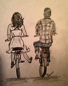 a drawing of two people riding bicycles