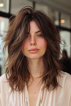 Must-Try Shag Haircuts and Hairstyles in 2024 Shag Hairstyles For Straight Hair, Top Heavy Shag Haircut, Shaggy Haircut Without Bangs, Mid Shaggy Haircuts, Long Shag No Bangs Haircut, Side Part Shag Haircut Medium, Medium Choppy Shag Haircuts, Dark Hair Shag, Low Maintenance Shag