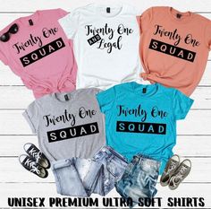 four t - shirts with the words twenty one squad on them