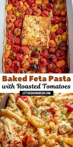 baked pasta with roasted tomatoes in a casserole dish