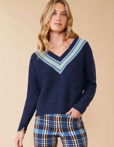 Aster V-neck Pullover Deep Indigo Stripe from Spartina 449 Luxury V-neck Knit Top For Layering, Luxury Blue Sporty Pants, Luxury Sporty Blue Pants, Spartina 449, Deep Indigo, Oyster Shells, Long Sleeve Pullover Sweater, Pull On Pants, Matilda