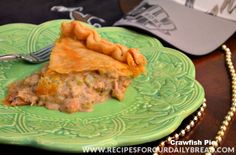 a green plate topped with a slice of pie