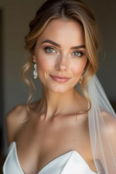 a woman wearing a white wedding dress with a veil over her head and diamond earrings