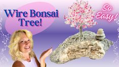 a woman holding up a rock with a tree on it and the words, wire bonsai tree so easy