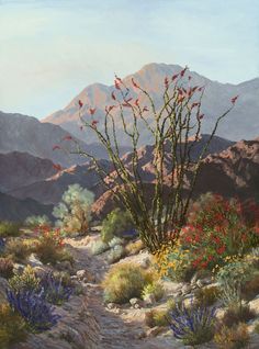 a painting of a desert scene with mountains in the background and flowers on the ground