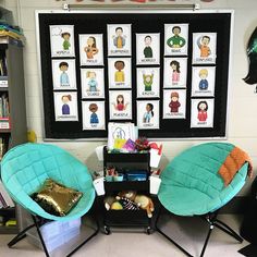 there are two chairs in front of a blackboard with pictures on it and other toys