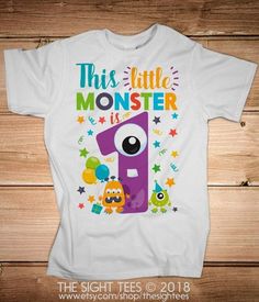 this little monster is 1st birthday shirt with the number one in purple and green on it